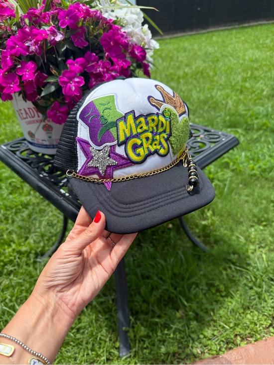 Custom Mardi Gras Trucker Hat Sequin & Chenille Patch Snapback main image 4